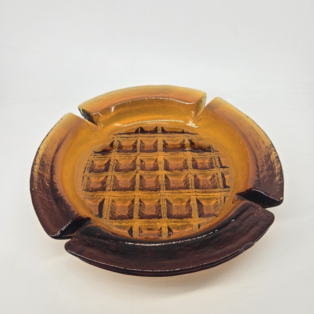 Vintage Blenko Glass Ashtray Amber Wheat Yellow Waffle 8" Cigar Dish MCM Heavy